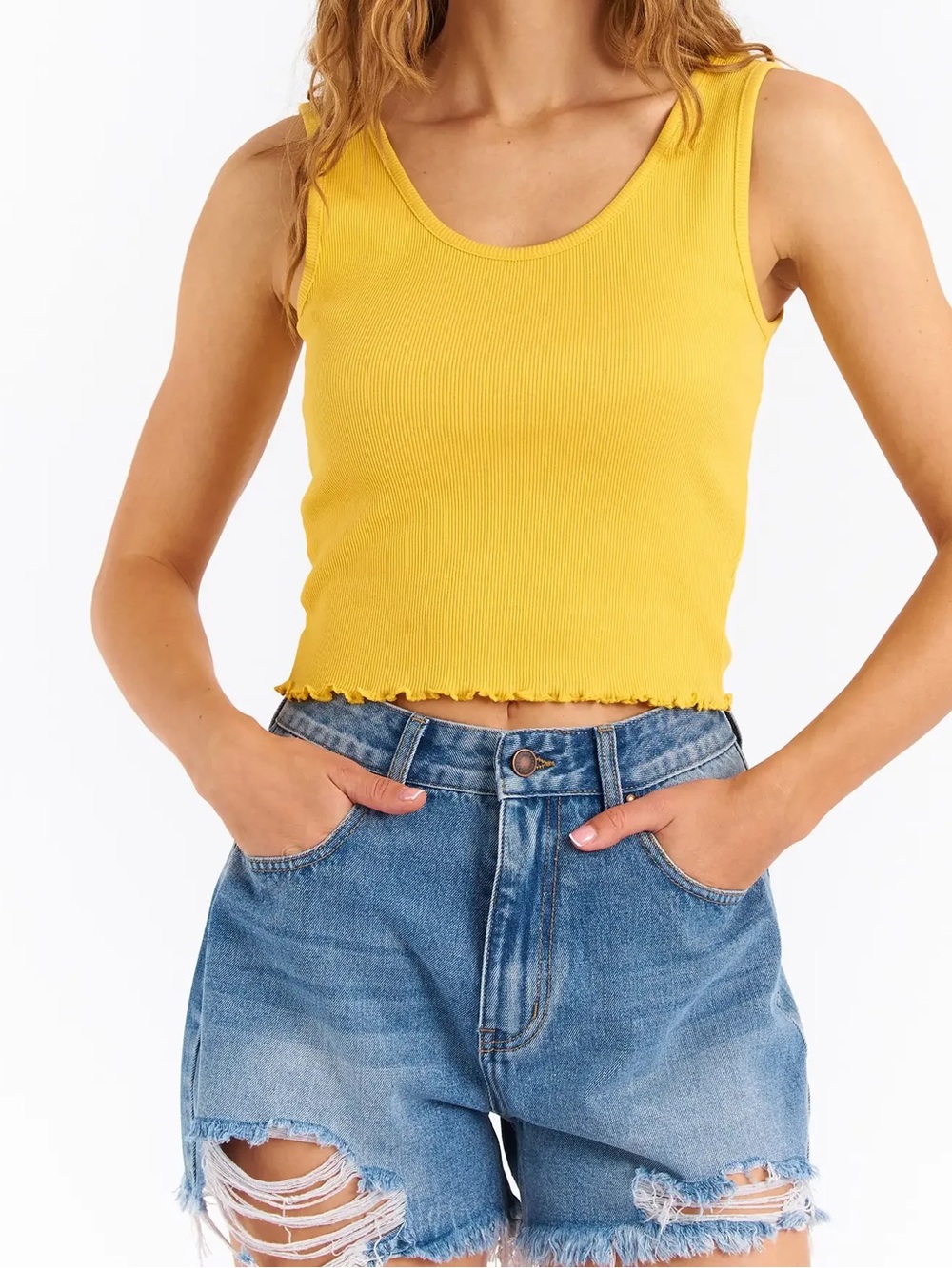 Women’s Yellow Ribbed Crop Tank Top Alice Olivia